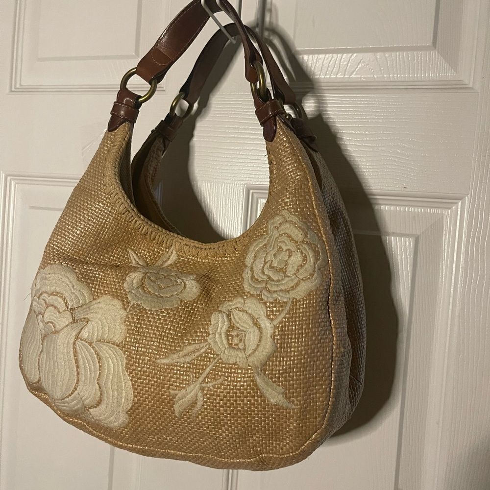 Forth & Towne Cognac synthetic woven Satchel beige embroidery tan leather straps